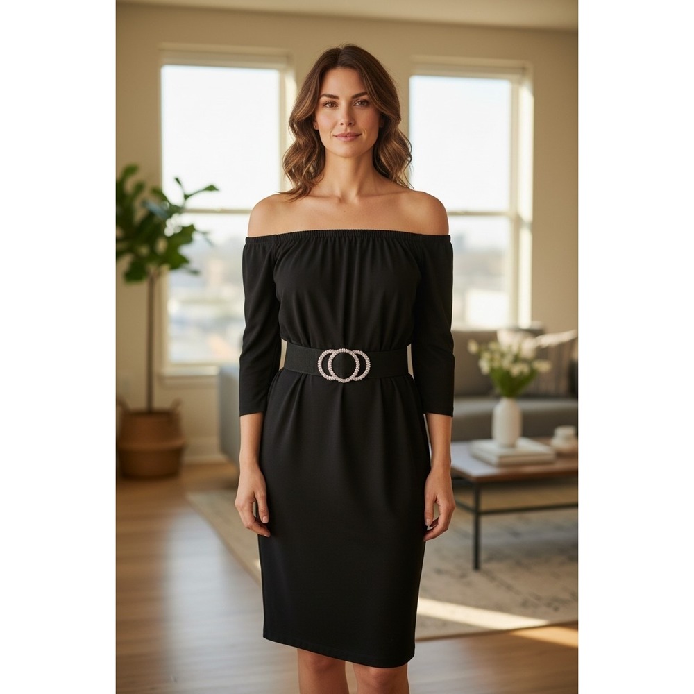 Joseph Ribkoff Black Off-the-Shoulder Midi with Double-Ring Belt